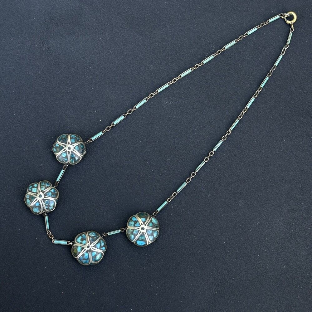 Vintage Turquoise Tibet Style Mosaic Beads Necklace 16"